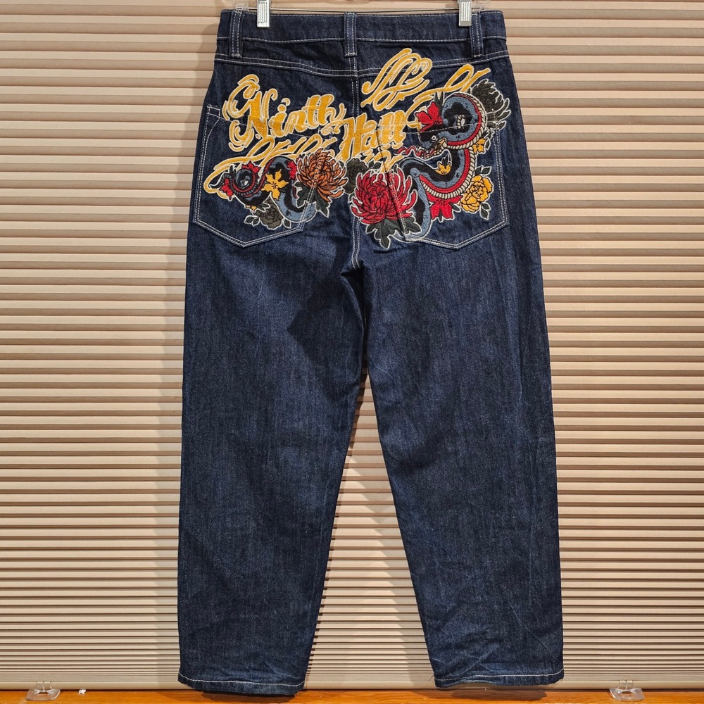 Ninth Hall Ambush Baggy Jeans 28 Indigo Dragon Floral Embroidered Y2K Streetwear